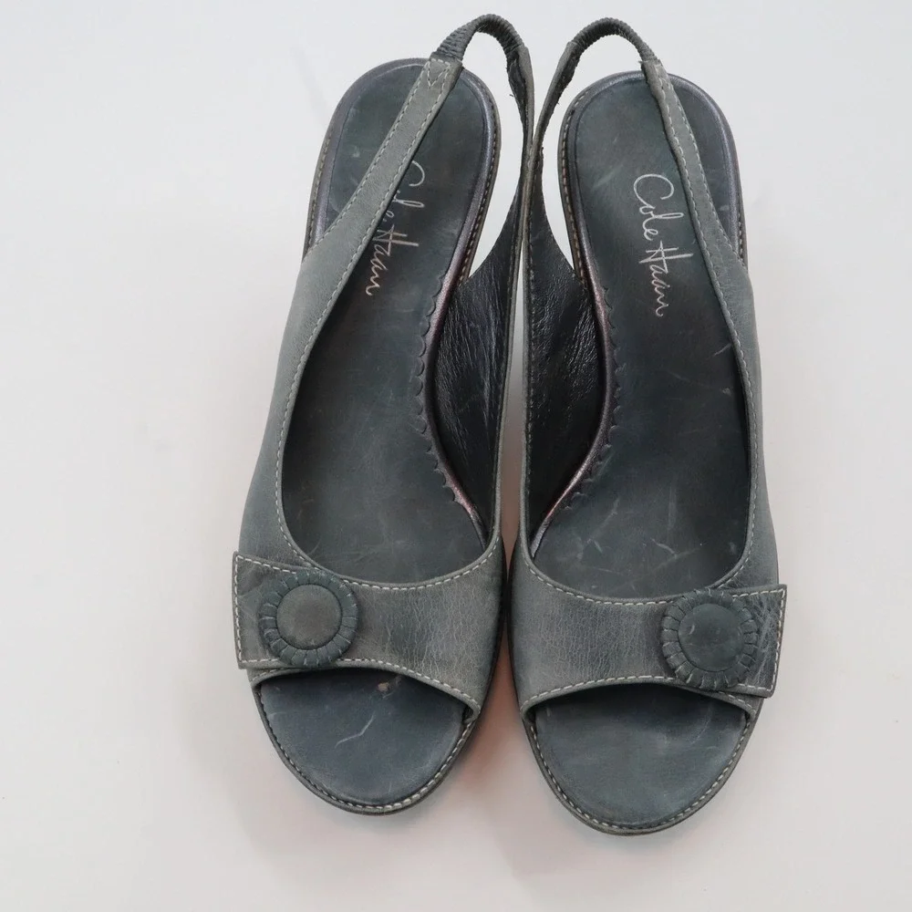 Cole Haan Wedge Sandals Womens 9 B‎ Slate Blue Leather Peep Toe Slingback D21178